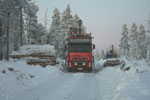 Trucks loading old-growth forest in Painopää, Savukoski-Sodankylä Dec 2006